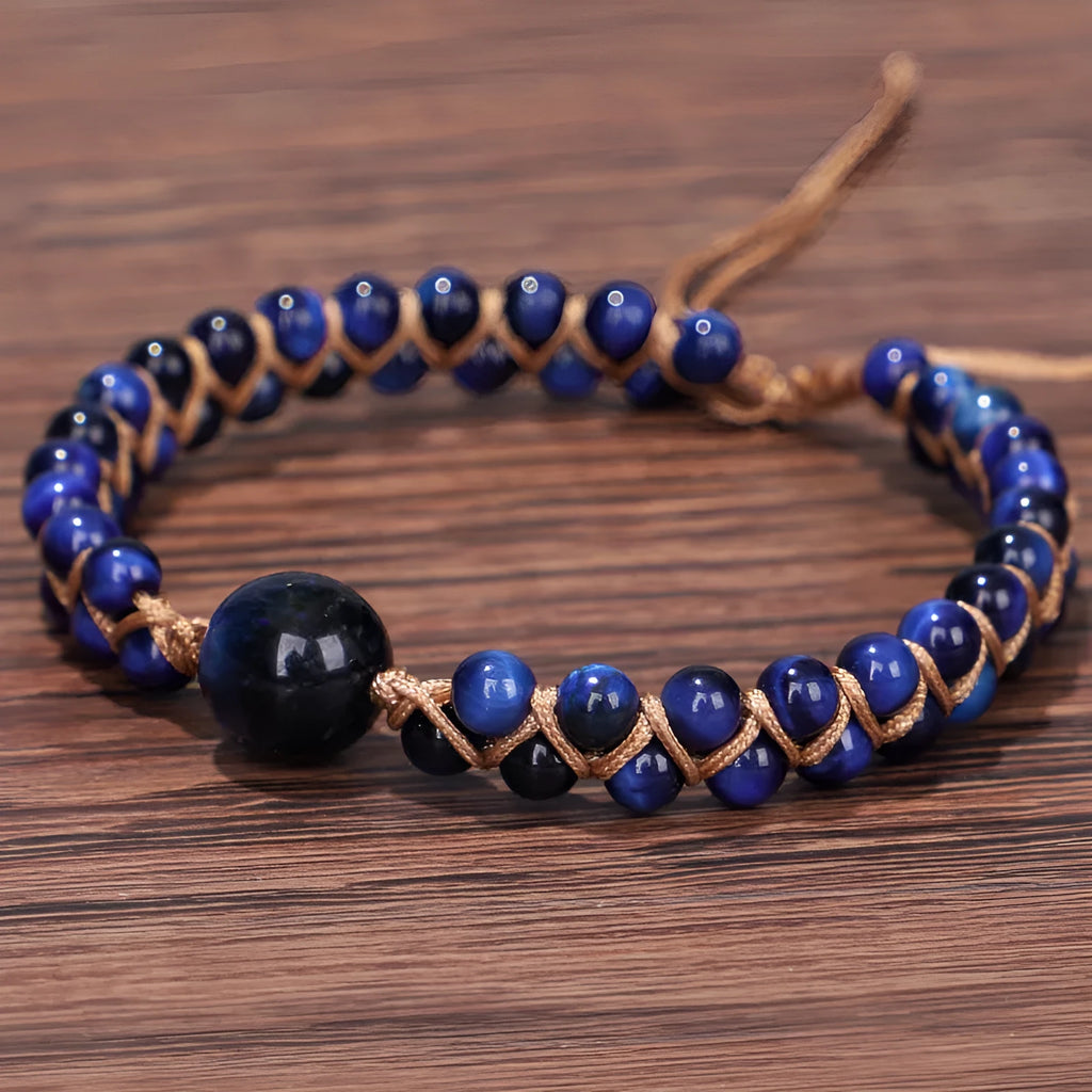 Handmade woven pull bracelet with Tigereye or Amethyst gemstone beads in geometric design
