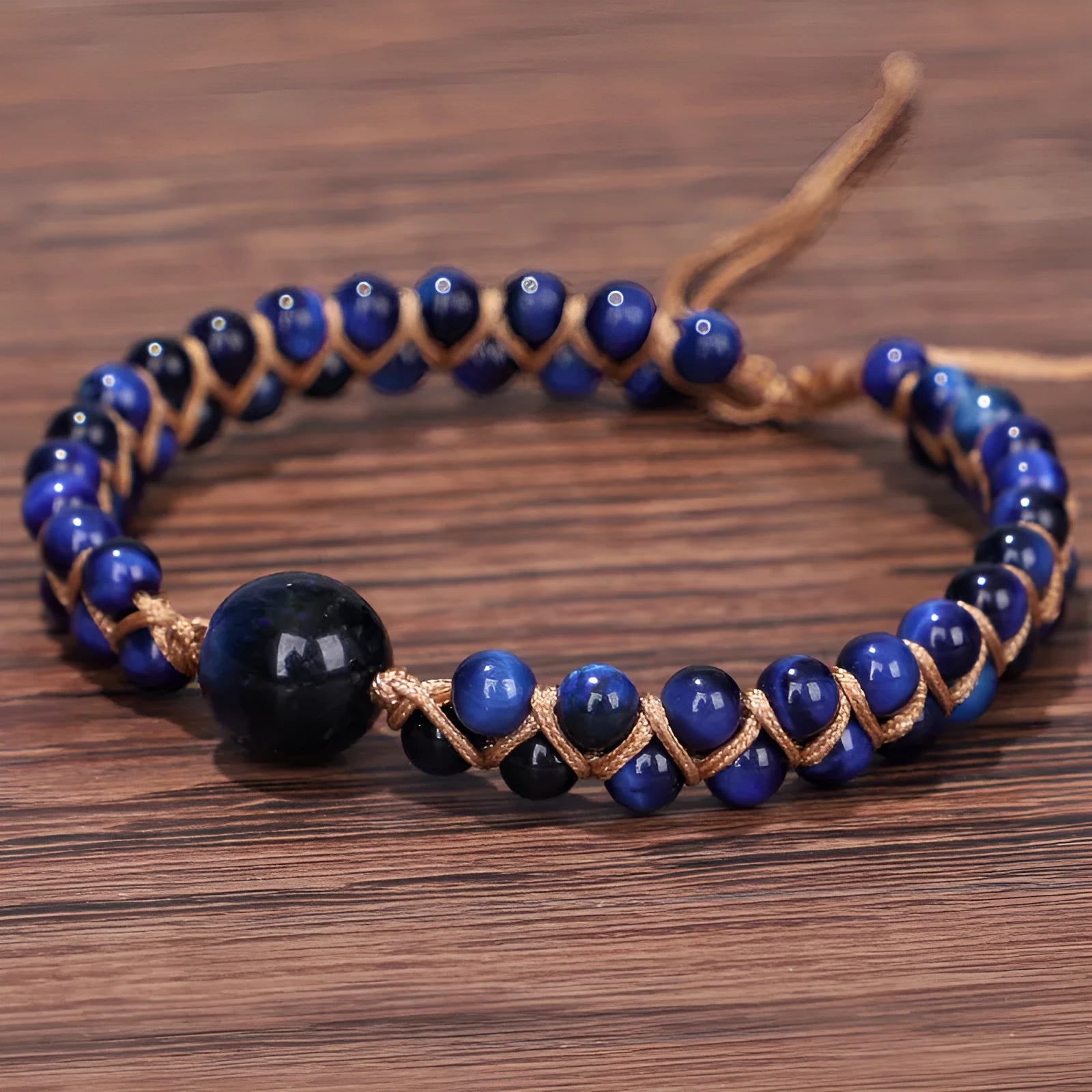Handmade woven pull bracelet with Tigereye or Amethyst gemstone beads in geometric design