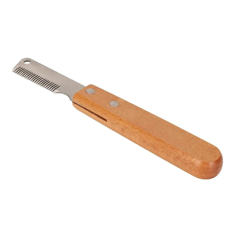 Pet stripping comb with wood handle and metal blade for dog and cat grooming.