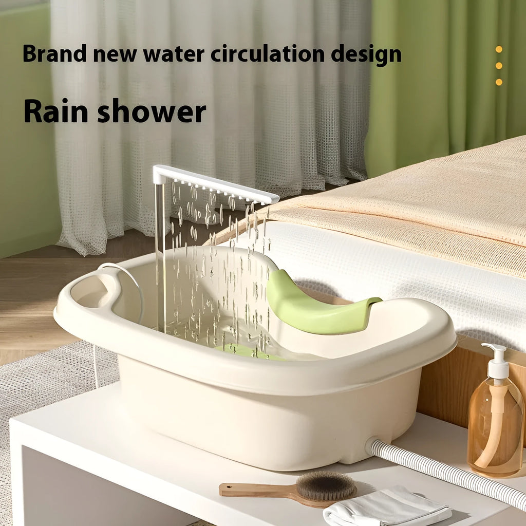 Portable plastic shampoo basin with head pad, circulating pump and massage brush for bed use.