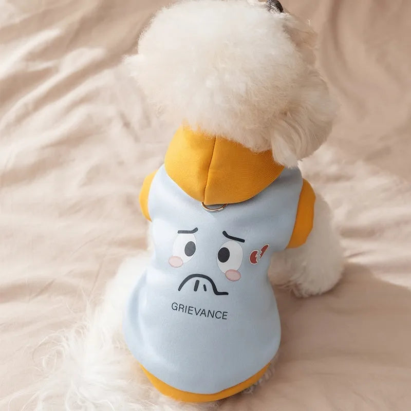 Autumn winter dog hoodie with cute cartoon bear design, blue and yellow, sizes XS to XXL for small to medium pets