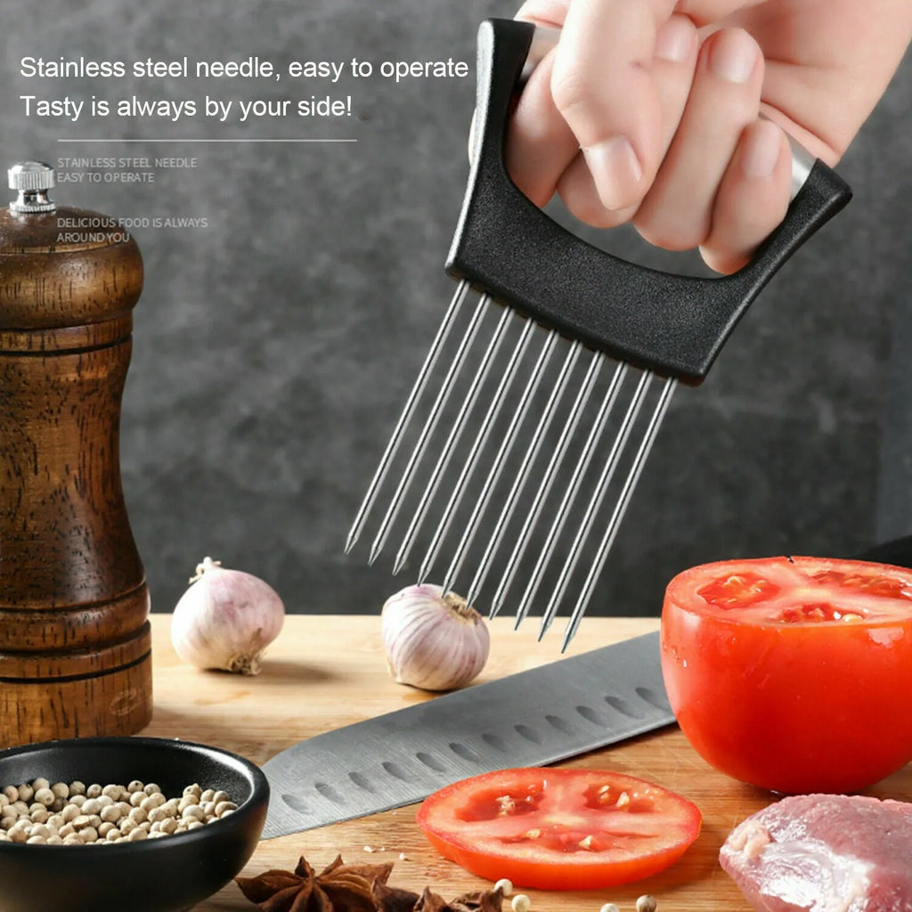 Stainless steel kitchen onion holder slicer with ABS handle measuring 14cm by 9.5cm