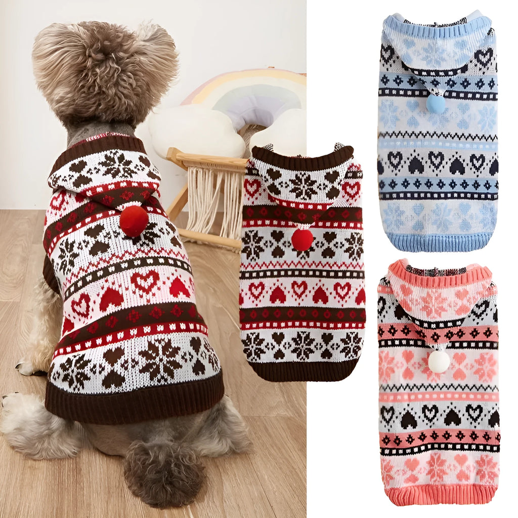 Acrylic knitted dog sweater with snowflake stripe camouflage pattern in pink blue grey colours