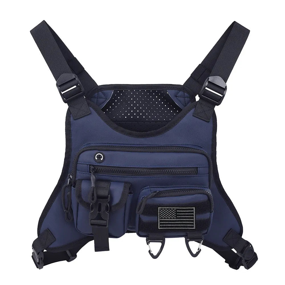 Black Oxford cloth chest bag with breathable vest straps and visible stitching.