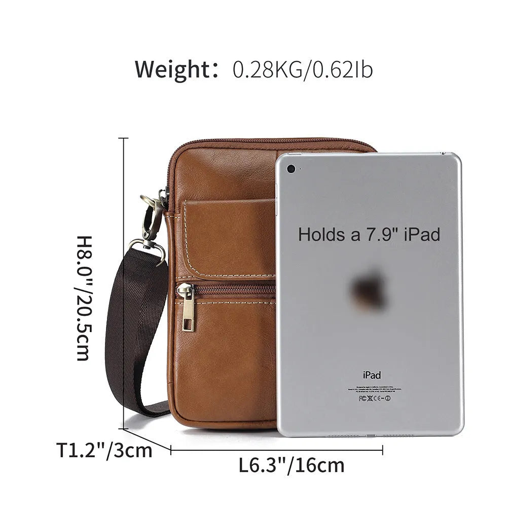 Men's brown genuine leather crossbody shoulder bag with visible stitching and a solid colour design.
