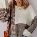 Dark khaki colour block loose knit sweater with drop shoulders and a back tie detail.