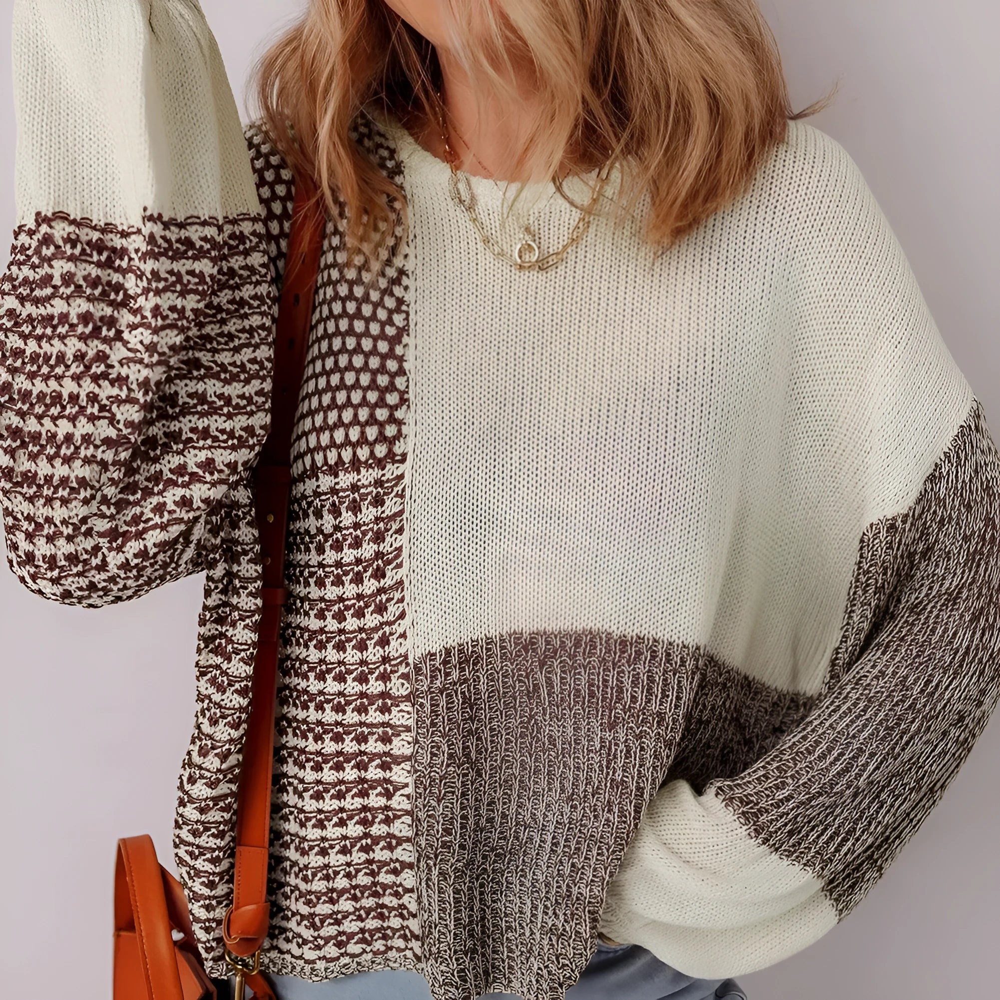 Dark khaki colour block loose knit sweater with drop shoulders and a back tie detail.