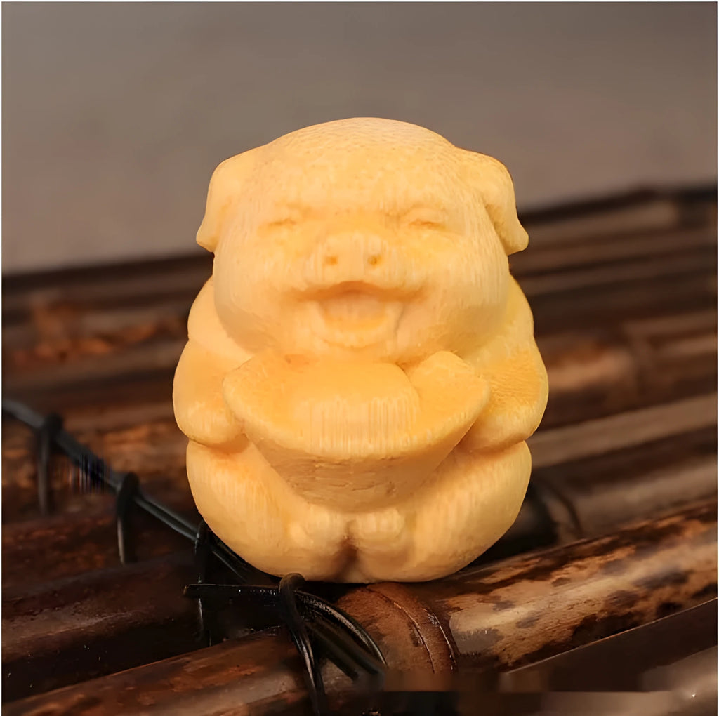 Solid bamboo carving ornament of ingot pig figure with 4cm height and 3.5cm diameter