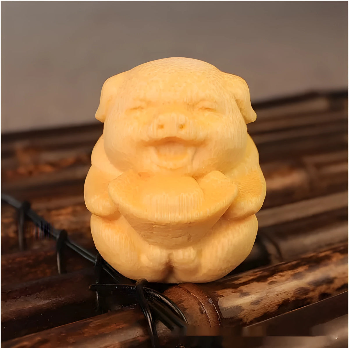 Solid bamboo carving ornament of ingot pig figure with 4cm height and 3.5cm diameter