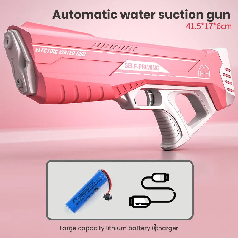 Blue electric water gun with USB charging cable and 358ml water capacity for outdoor play