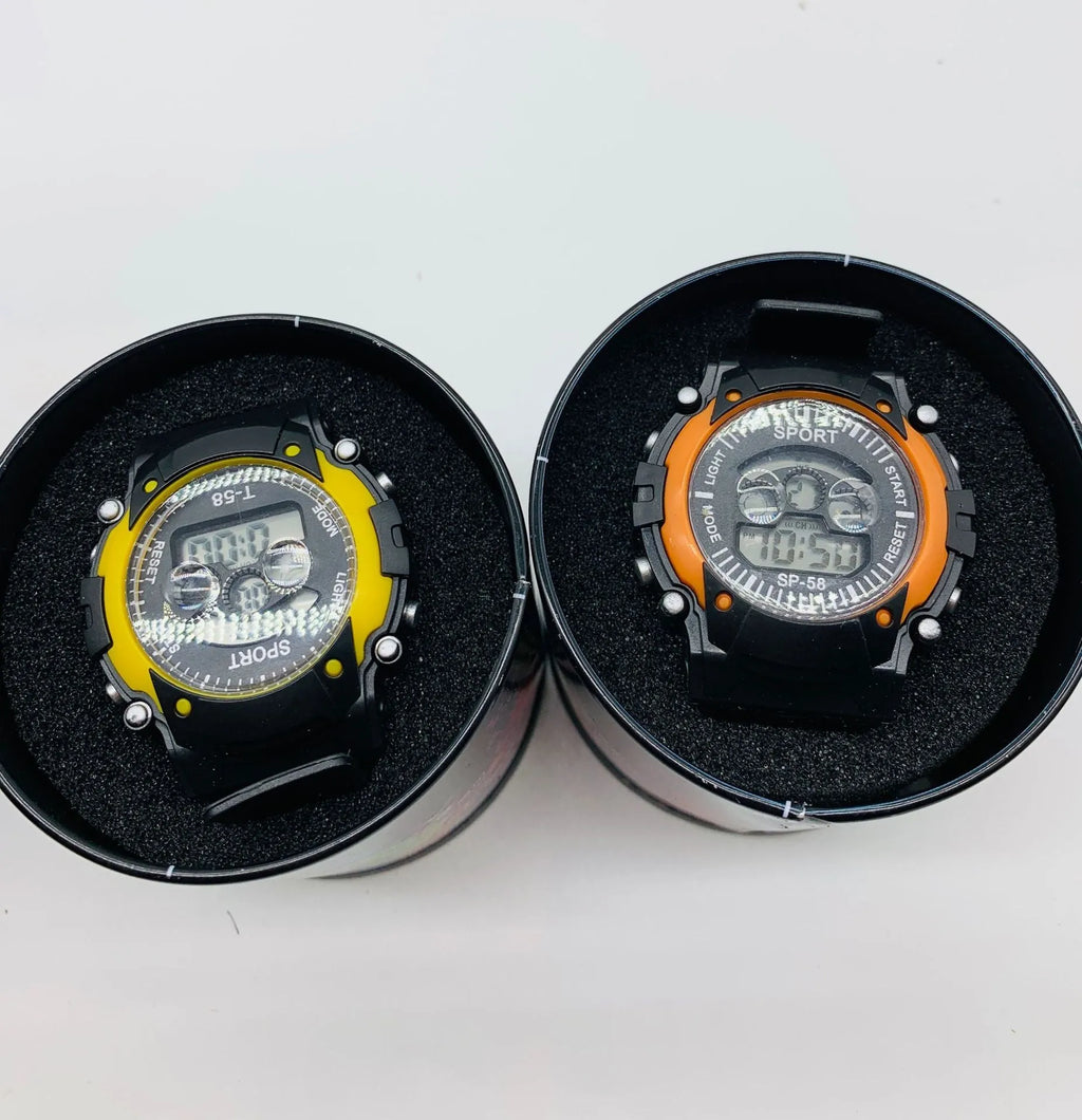 Children's digital sports watch with silicone strap showing time, alarm, and calendar on display.