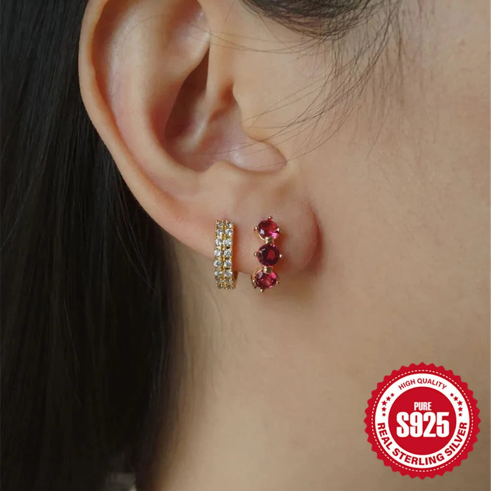 Geometric sunflower design earrings in 925 Sterling Silver with golden three diamonds colour and inlaid zircon stones
