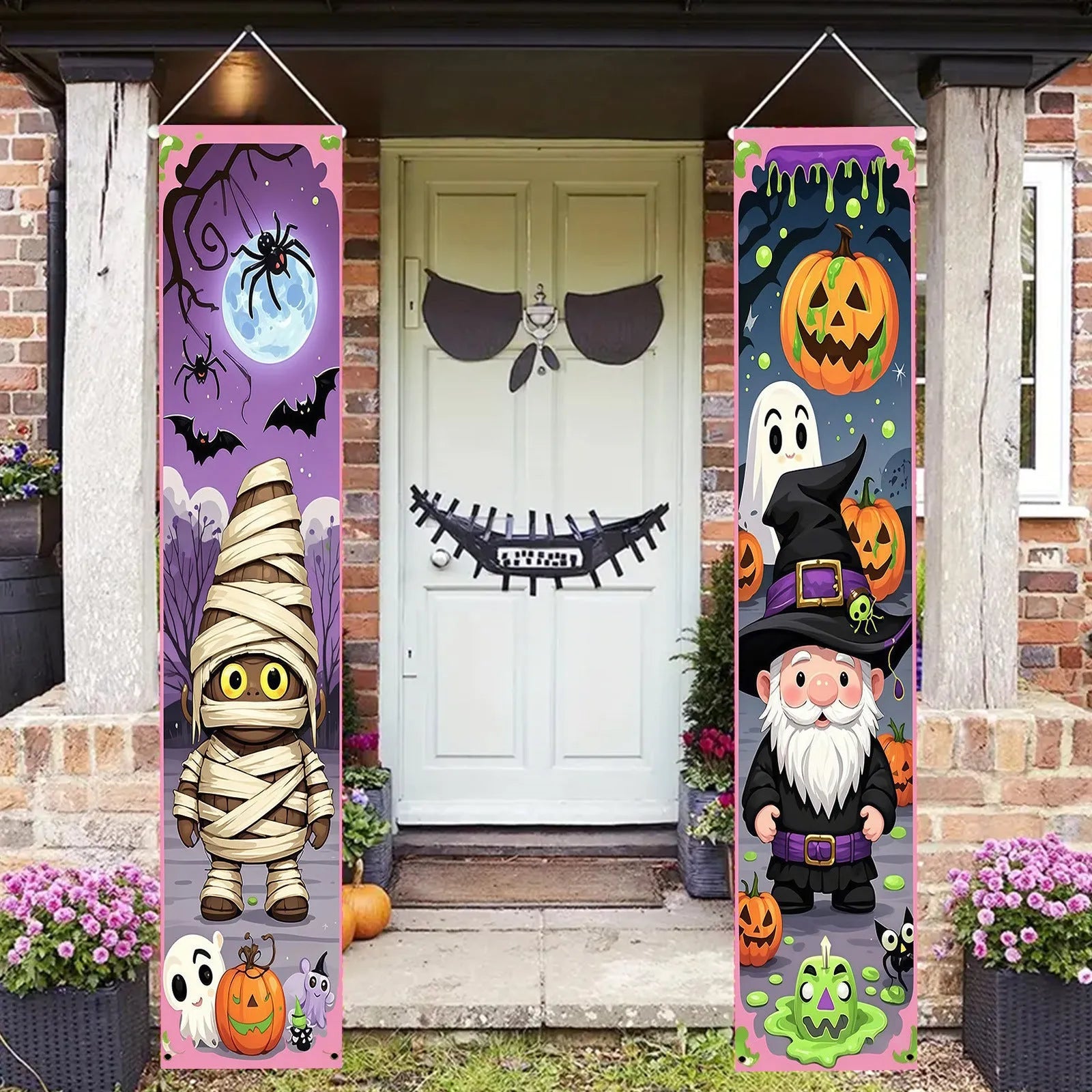 Pair of polyester Halloween couplet banners measuring 30cm by 180cm for door or wall decoration