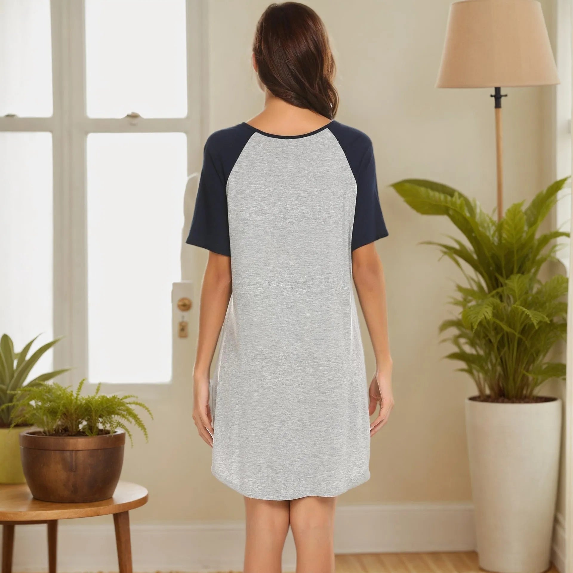 Women's double brushed milk silk nightdress with colour contrast patchwork sleeves in available sizes