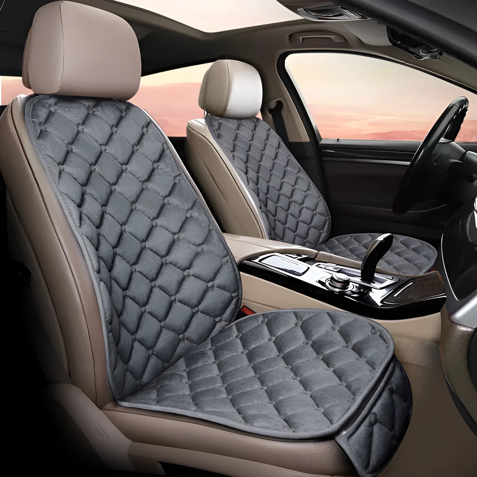 Cotton ringer plush car seat cushion in burgundy colour on a car seat.