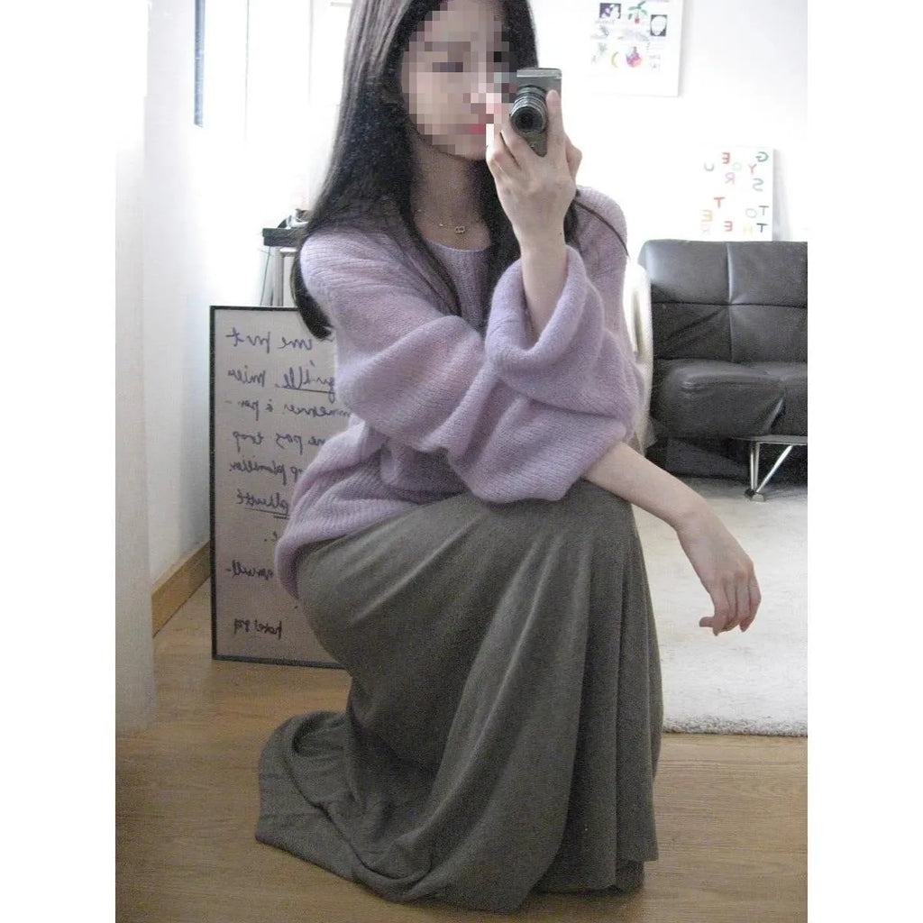 Purple women's blouse with round neck, princess sleeves, and shoulder strap hollow out design