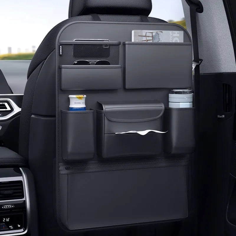Black leather car seat back storage hanging bag with handle in large and small sizes