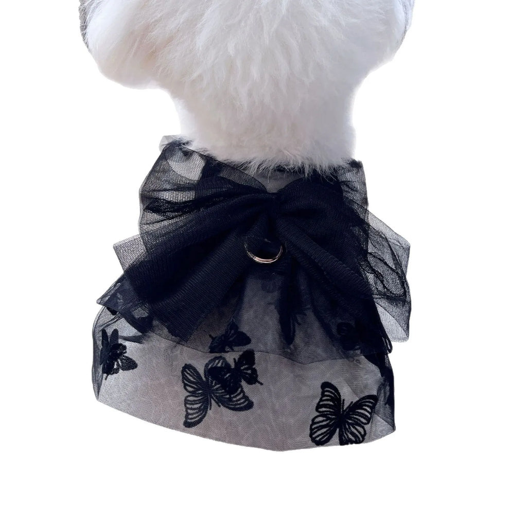 Black gauze princess tulle skirt for a small dog or cat on a mannequin, showing the layered design.