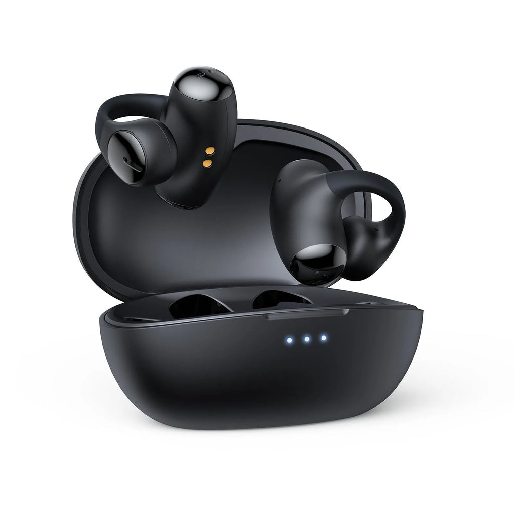 Black Bluetooth gaming headset with clip-on ear hook design for sports and e-sports wireless use