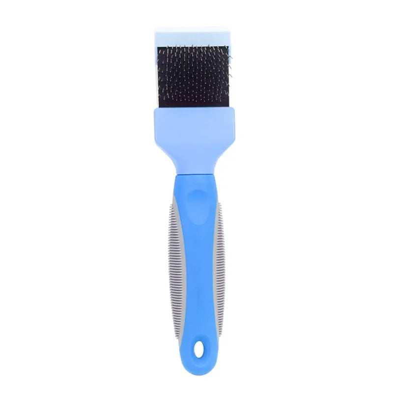 Double-sided pet brush with stainless steel pins and ABS handle in blue or pink colours