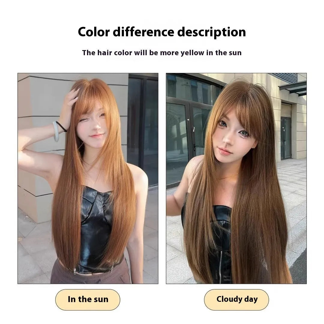 Warm brown long straight synthetic wig with full bangs, 30cm length.