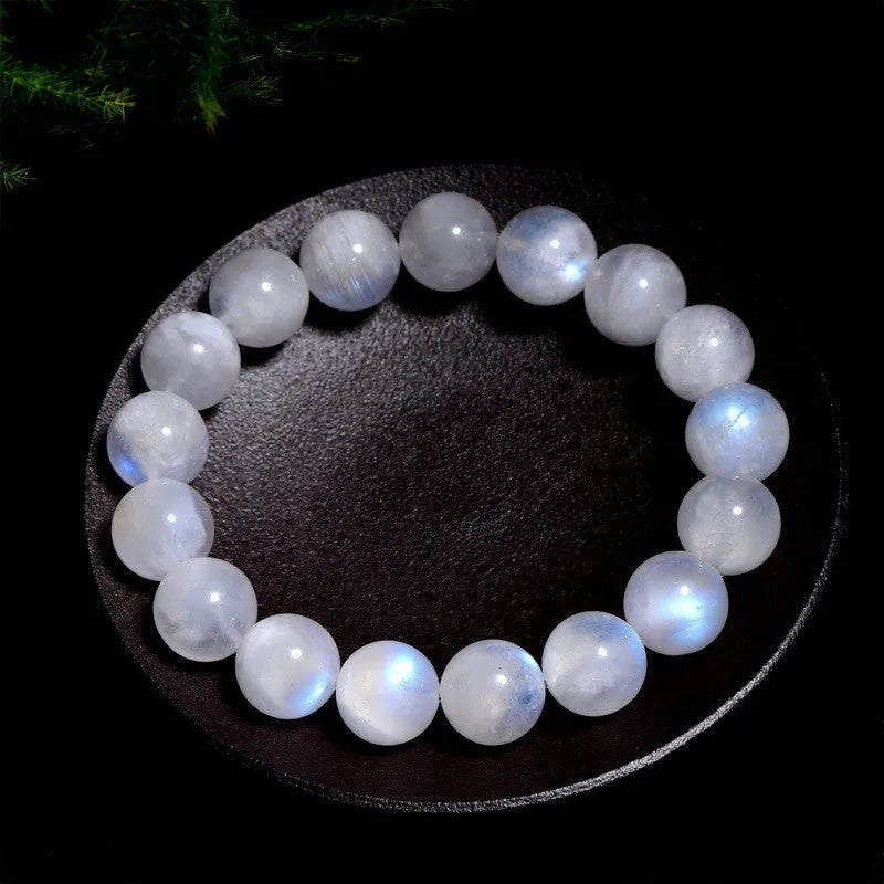 Natural moonstone bracelet with blue moonlight round beads in polished finish