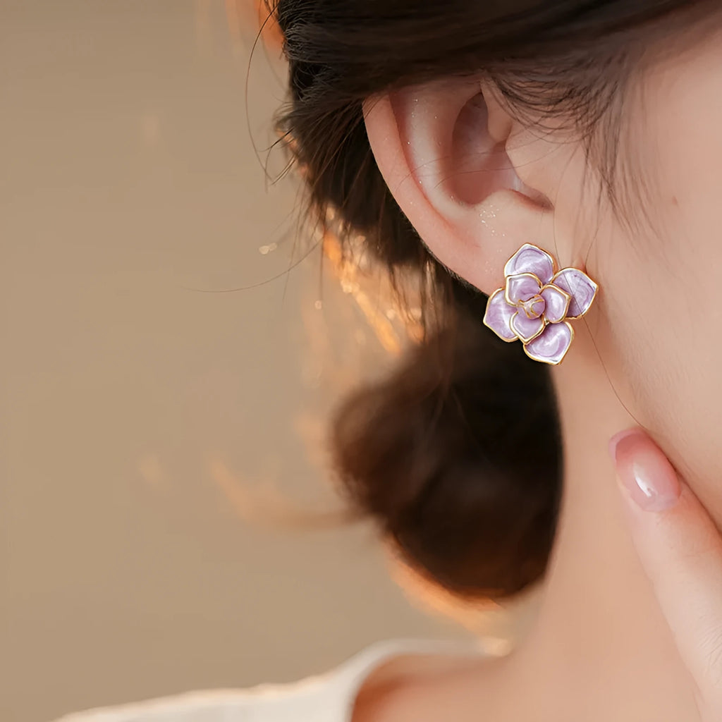 Purple oil-spot glaze flower stud earrings with gold plated silver needle elements on copper base
