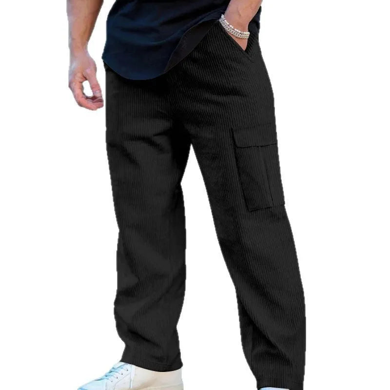 Men's loose-fitting corduroy cargo trousers in a straight-leg design with a drawstring waist.