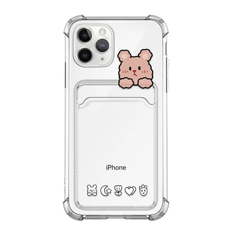 Transparent cartoon-styled iPhone case with a card holder slot on the back