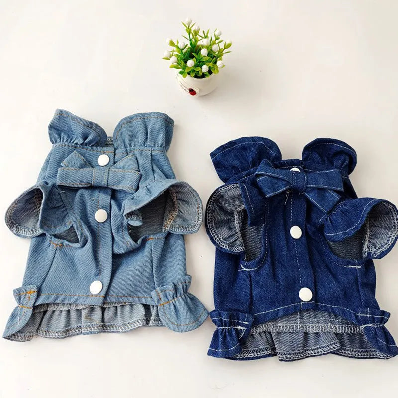 Dark blue denim dog dress with ruffles vest design and leash hook attachment for small canine