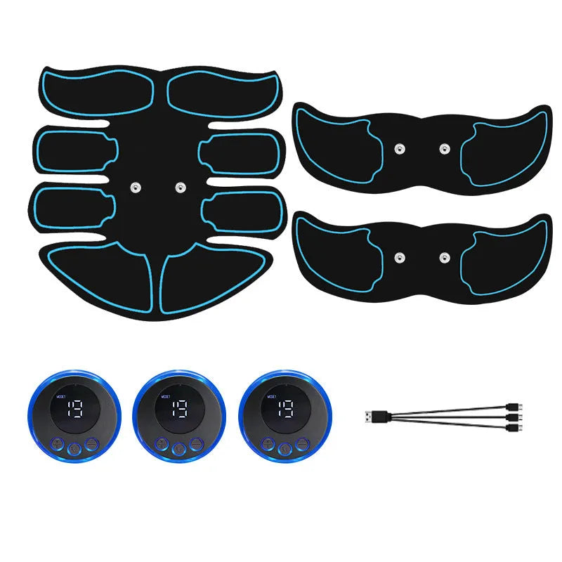 Abdominal muscle patch massager with six-pack electrodes and digital display charging unit