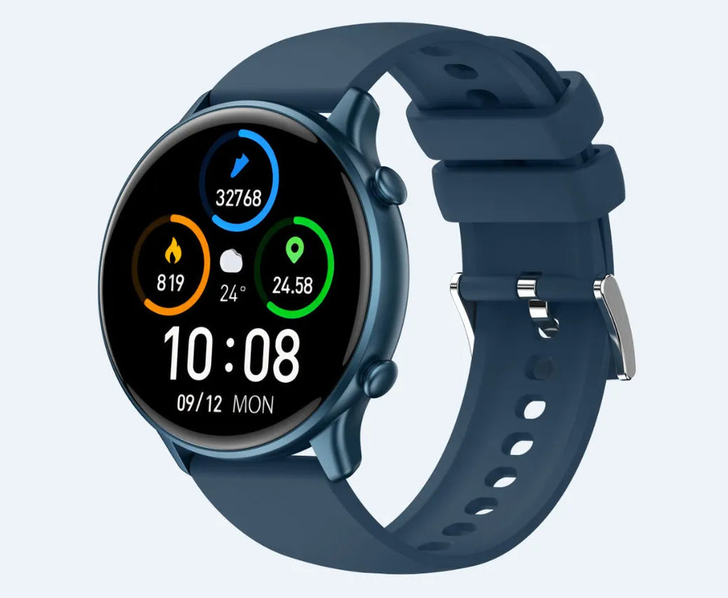 Round smart sports watch with touch screen on a silicone strap, showing heart rate data display.