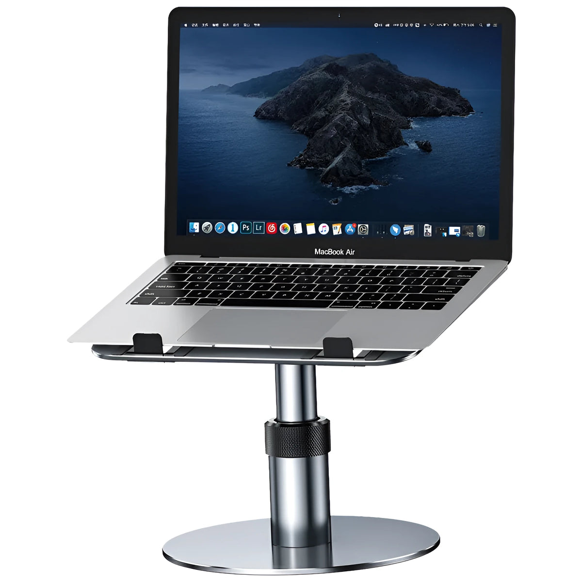 Silver aluminium car laptop stand with height adjustment and rotating base on a car seat