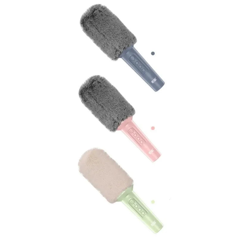 Pink, blue, and green wireless Bluetooth karaoke microphone with USB connection
