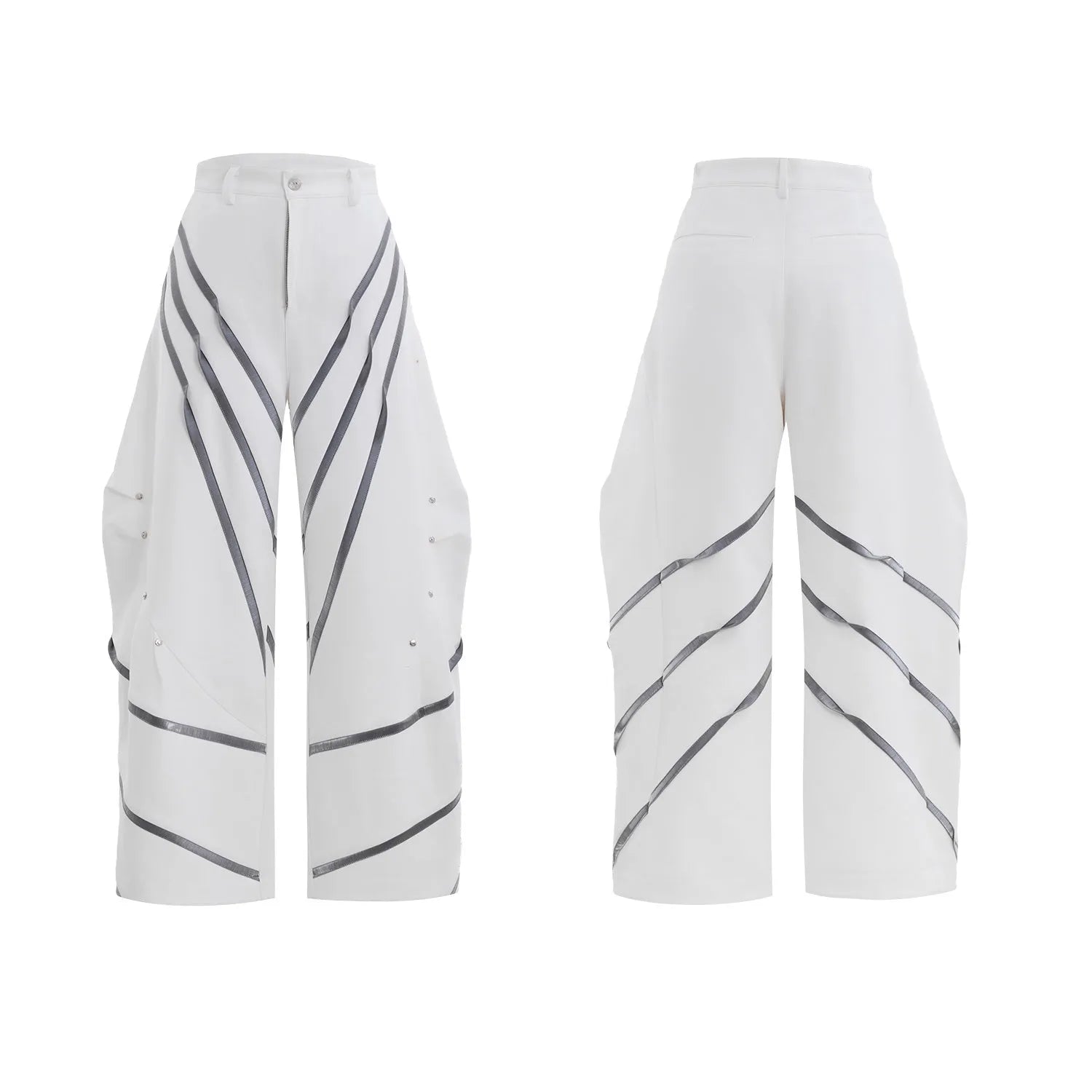 Men's polyester trousers with metal striped rivet pleats and three-dimensional cutting in black or white