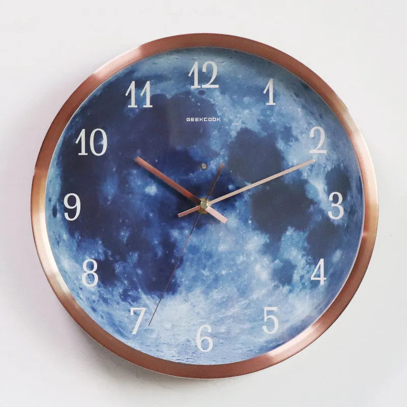 12-inch blue moon wall clock with metal frame, luminous silent movement, 30cm diameter, available in five colours