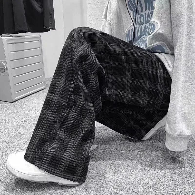 Japanese retro loose plaid pants in straight leg cut, available in black and green colour options
