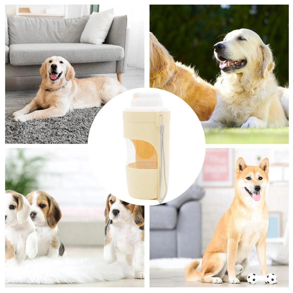 Grey portable 2-in-1 dog travel water bottle and feeder with detachable lanyard.
