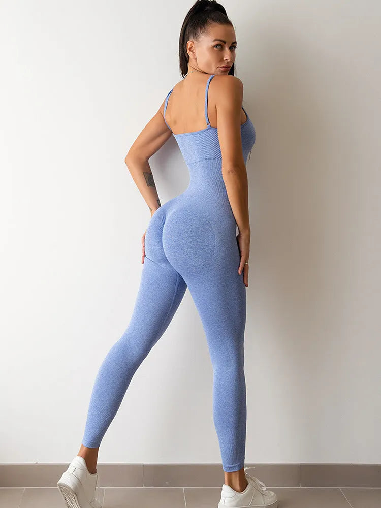 Women's black seamless jumpsuit with adjustable spaghetti straps and tummy control