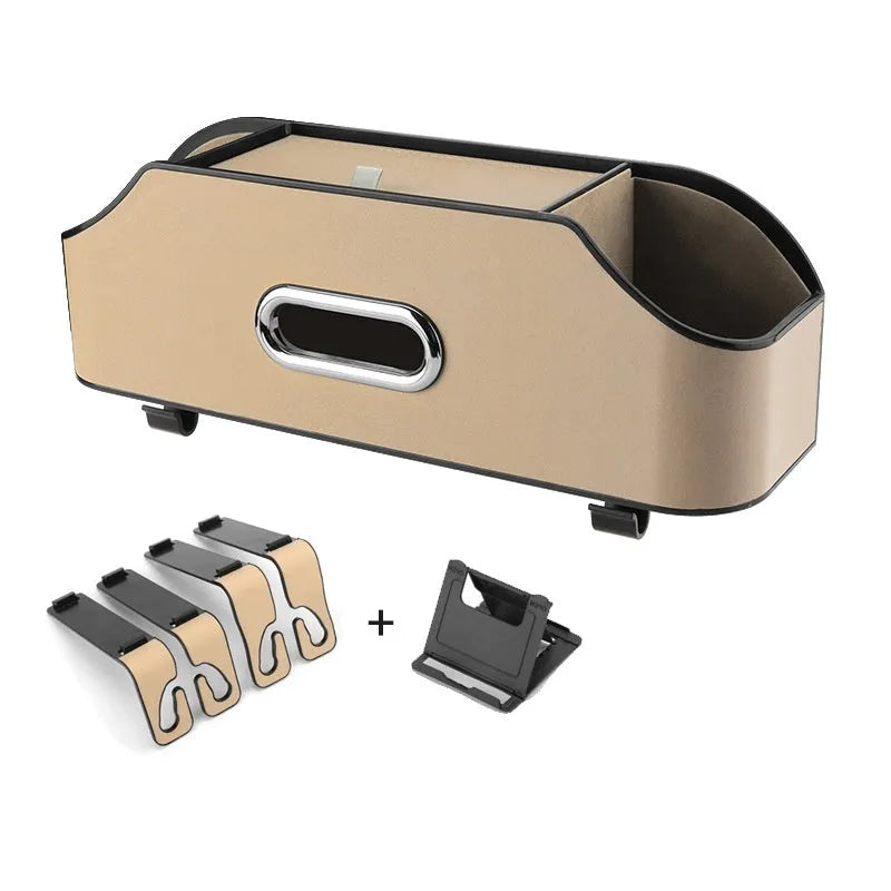Genuine leather car storage box with tissue compartment and drink holder in beige colour