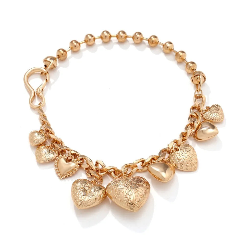 Gold and white K carved heart pendant necklace on alloy chain with adjustable length