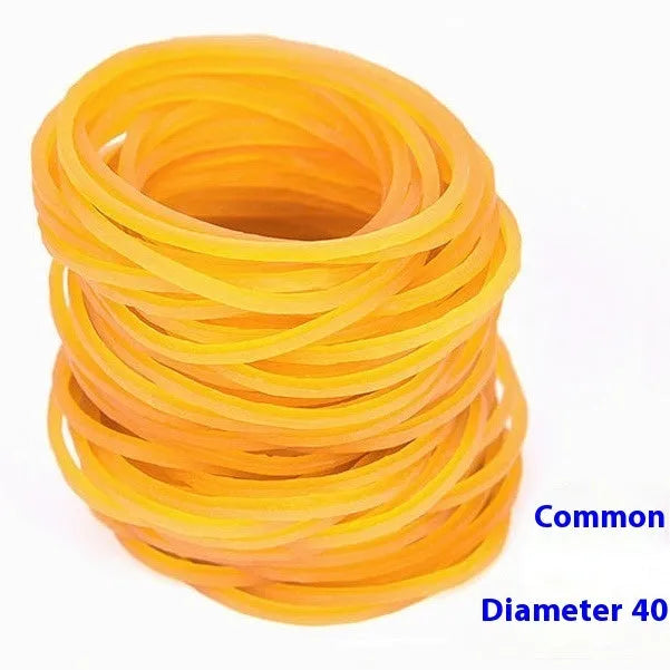 500g bulk pack of assorted yellow rubber bands in sizes from 25mm to 70mm diameter.