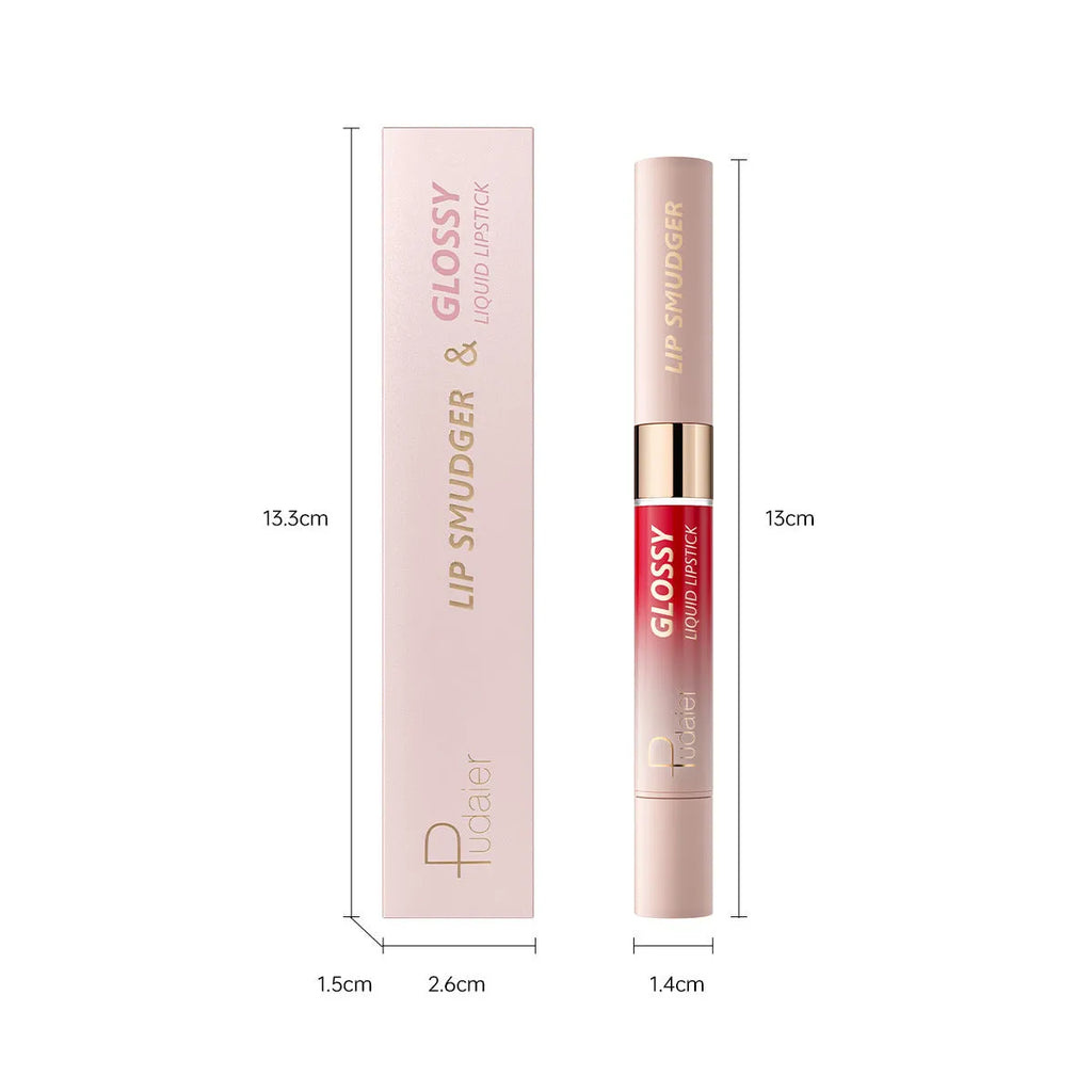 Double-headed lipstick and lip gloss cosmetic product showing matte and glossy ends with 10 colour shade options