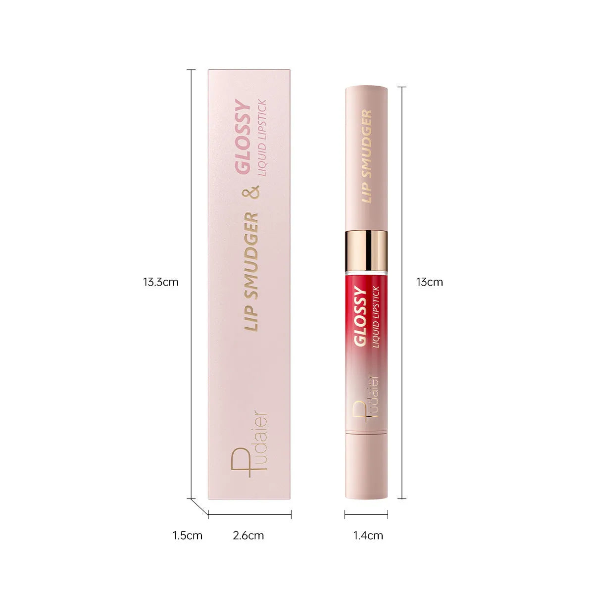 Double-headed lipstick and lip gloss cosmetic product showing matte and glossy ends with 10 colour shade options