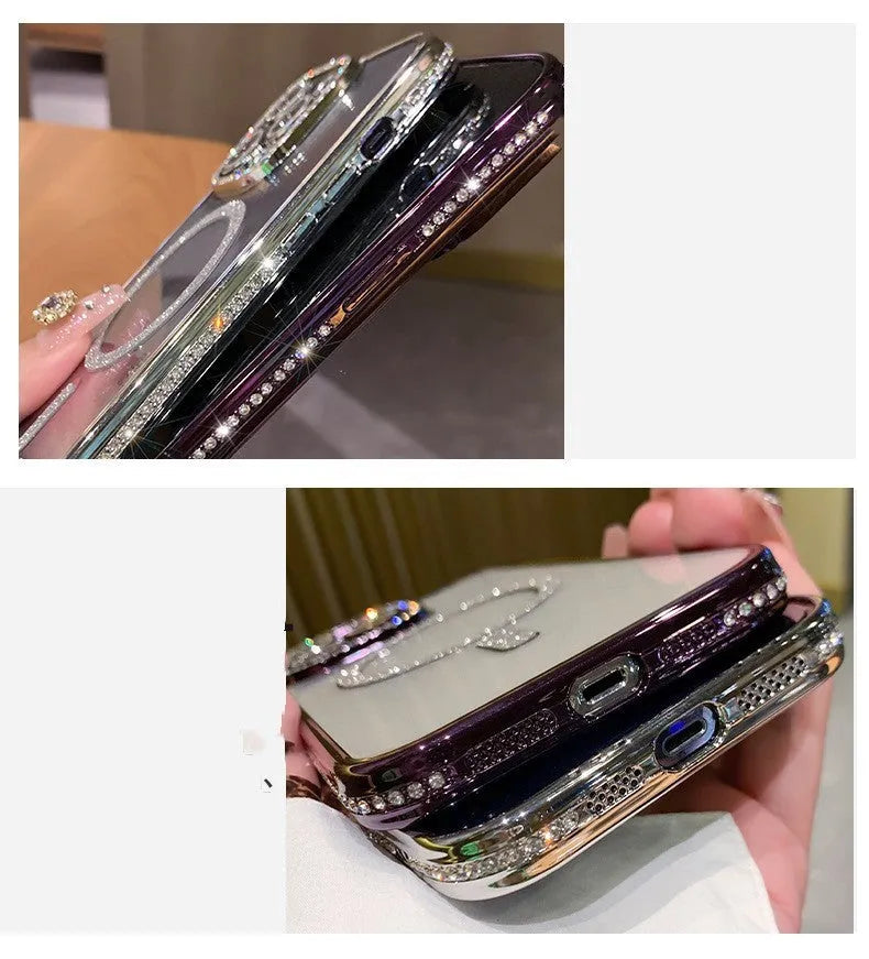 Wireless magnetic soft silicone phone case for iPhone in deep purple, rose gold, space silver, or far peak blue.