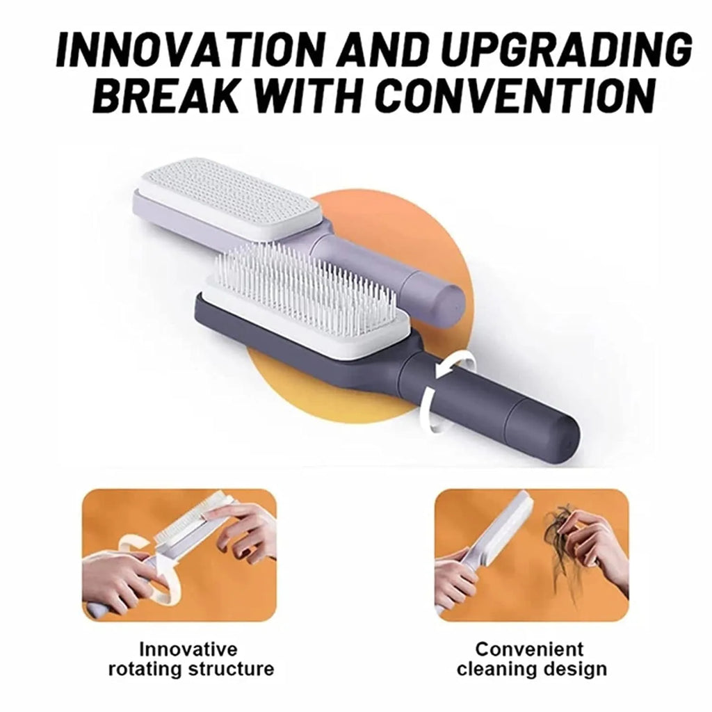 Self-cleaning anti-static massage hair brush with rotating handle in purple colour