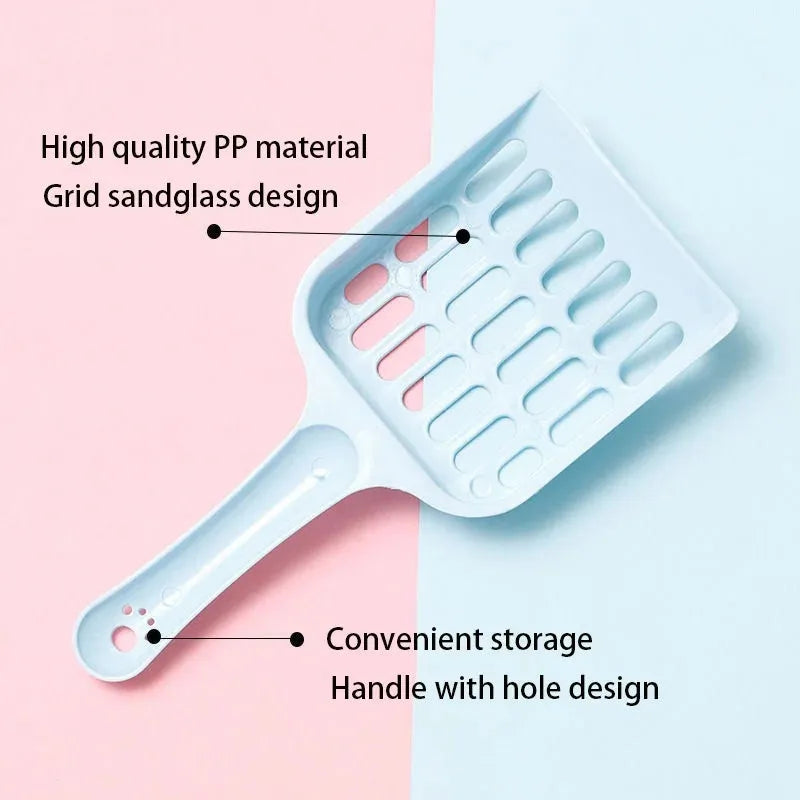 Blue plastic cat litter scoop on a white background, showing its 20cm length and scoop shape.