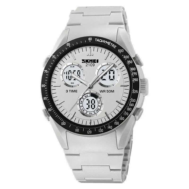 Unisex digital casual watch with camouflage strap and electronic display showing 50m water resistance.