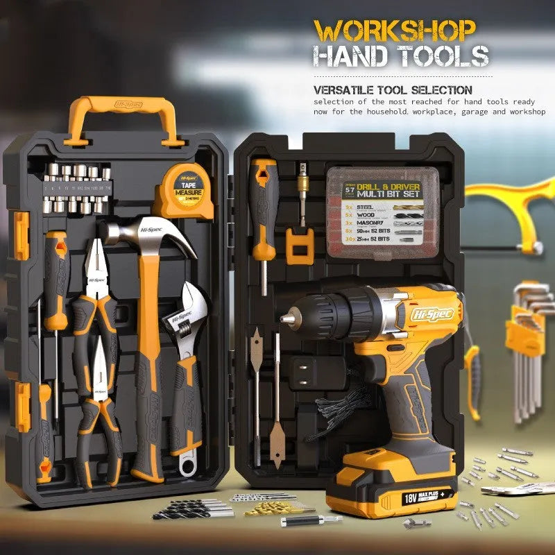 82-piece grey yellow tool combo set for furniture installation in storage case with chrome-vanadium steel tools