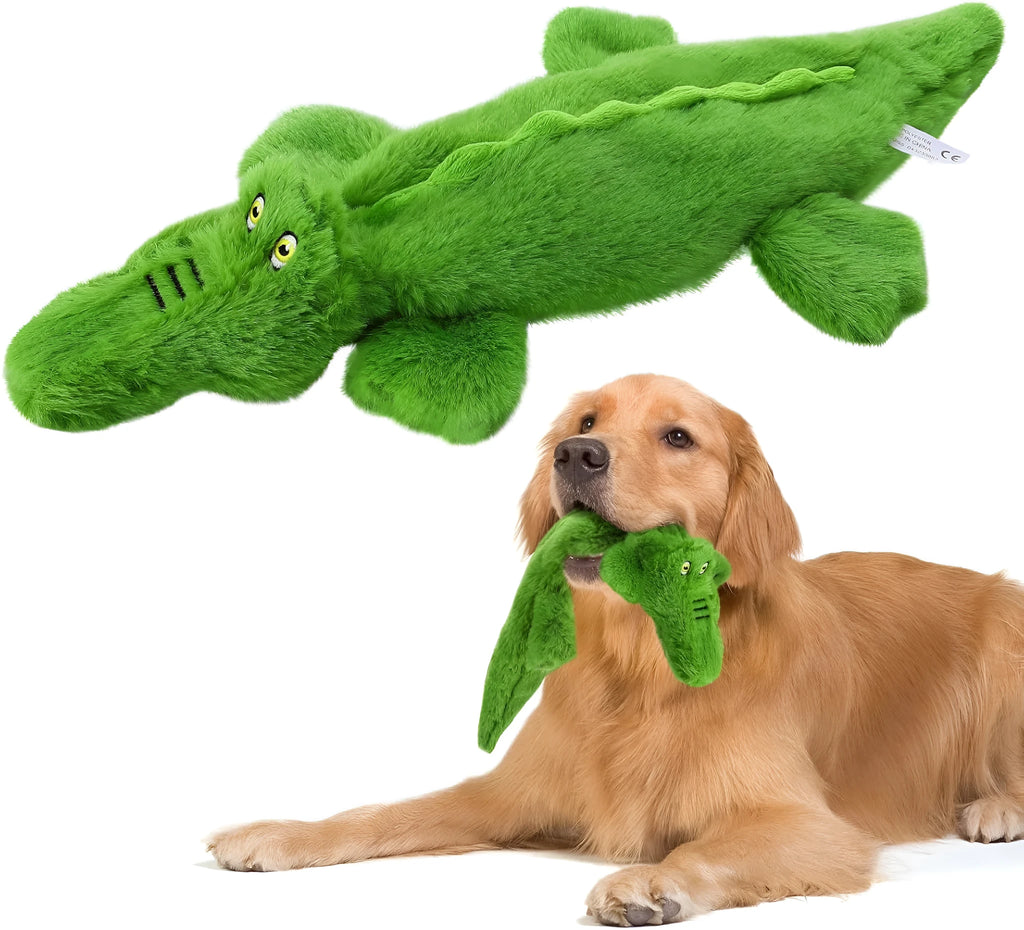 Green crocodile-shaped plush dog chew toy with no stuffing for aggressive chewers